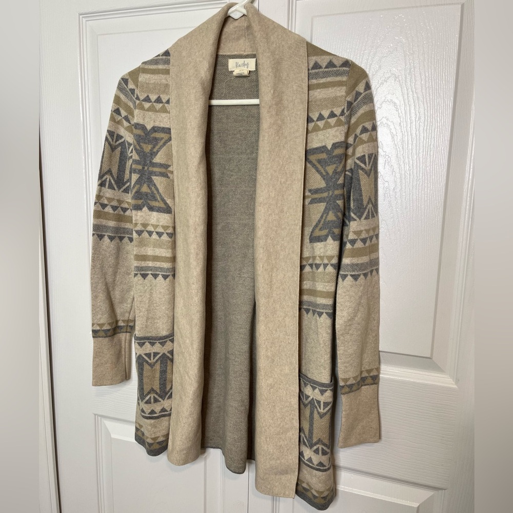 Kaisley Aztec Cotton Tan & Gray Long Sleeve Open Cardigan W/ Pockets Size XS
